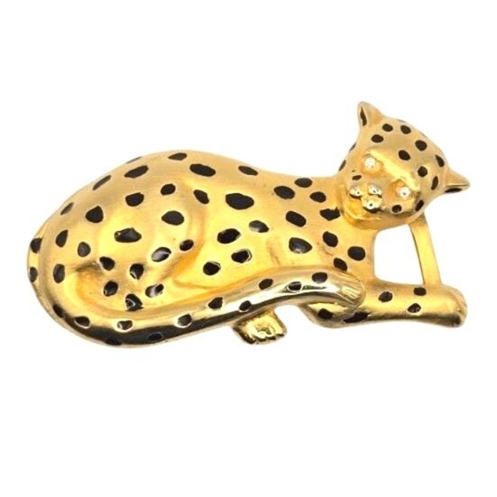 Vintage Doreen Ryan DR©94 Gold Tone Leopard Panther Buckle Slide Rhinestone Eyes
